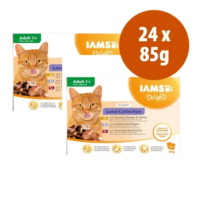 IAMS Delights Land Collection Adult 1+, embalagem de 24 saquetas de 85 g. Visível: gato, pedaços em molho, sabores frango e peru, borrego e pimento vermelho, vaca e fígado. IAMS Delights Land Collection Adult 1+, embalagem de 24 saquetas de 85 g. Visível: gato, pedaços em molho, sabores frango e peru, borrego e pimento vermelho, vaca e fígado.