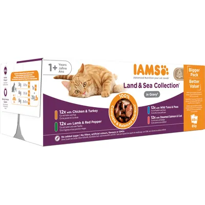 IAMS Land & Sea Collection in Gravy, 48 x 85g. Includes chicken & turkey, lamb & red pepper, wild tuna & peas, steamed salmon & cod. Feeding guide for cats over 1 year shown.
