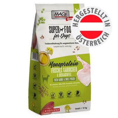 MAC's Super Food for Dogs Monoprotein Frisches Kaninchen & Süßkartoffel, Trockenfutter, hergestellt in Österreich, Inhalt 12 kg, mit Leinsamen, Chondroitin, Glucosamin.