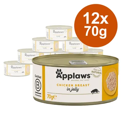 Applaws Natural Cat Food, kipfilet in gelei, 12x70g blikjes. Gecertificeerd door B Corporation, gemaakt met natuurlijke ingrediënten.