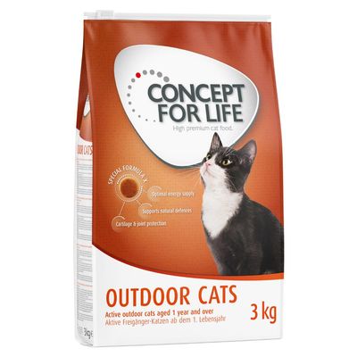 Concept for Life Outdoor Cats 3kg bag. Special Formula X: optimal energy supply, supports natural defences, cartilage and joint protection. For active outdoor cats aged 1 year and over.