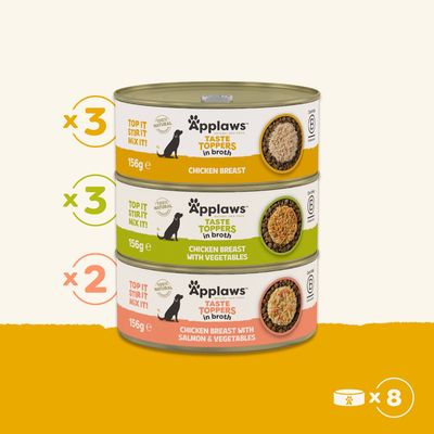 Applaws Taste Toppers liemessä: 3x kananrintaa, 3x kananrintaa vihanneksilla, 2x kananrintaa lohella ja vihanneksilla, kukin 156 g, yhteensä 8 tölkkiä.