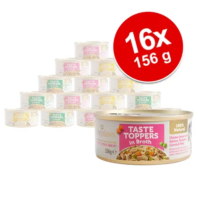 Applaws Taste Toppers in Broth, 16x 156g Dosen, 100% natürlich. Sorte: Hähnchenbrust mit Lachs, Kürbis, Karotten und Erbsen.