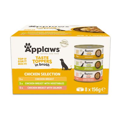 Applaws Taste Toppers liemessä Kana-valikoima, 8 x 156 g: 3x kananrintaa, 3x kananrintaa vihanneksilla, 2x kananrintaa lohella, 100 % luonnollinen.