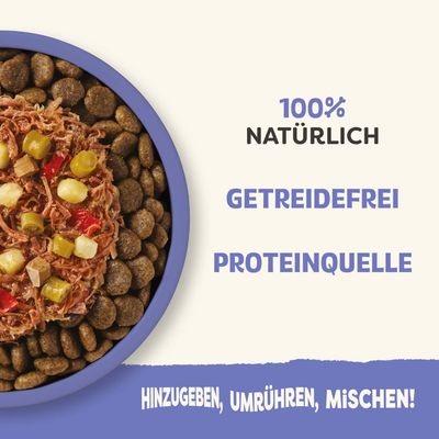 100% natürlich, getreidefrei, Proteinquelle. Hinzugeben, umrühren, mischen!