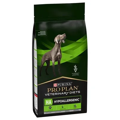 Purina Pro Plan Veterinary Diets HA Hypoallergenic hondenvoer, groene en zwarte verpakking met afbeelding van hond en zichtbaar hypoallergeen label.