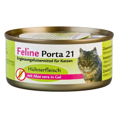 Feline Porta 21, Ergänzungsfuttermittel für Katzen, Hühnerfleisch mit Aloe vera in Gel. Konzerva z mačjo hrano, slika mačke na embalaži. Besedilo v nemščini.