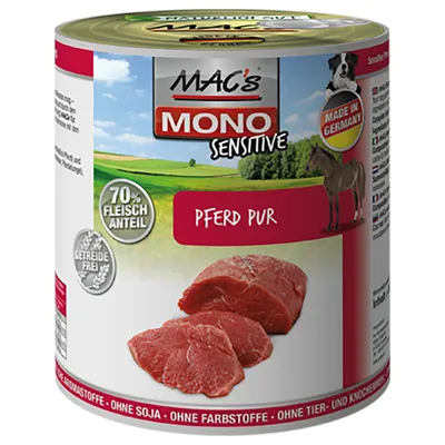 MAC's MONO Sensitive Pferd Pur, 70% Fleischanteil, getreidefrei, bez dodatku soi i barwników, puszka z kawałkami mięsa. Made in Germany.