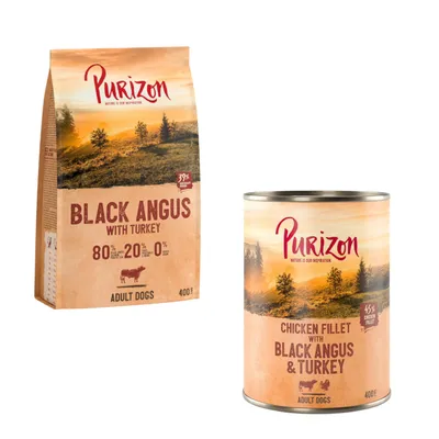 Purizon Black Angus with Turkey 400 g pour chiens adultes : sac avec 80 % viande, 20 % fruits/légumes. Boîte Purizon Chicken Fillet with Black Angus & Turkey 400 g, 45 % filet de poulet.