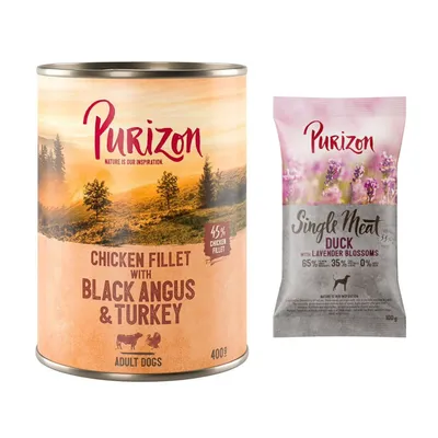Purizon Kombi-Paket: 400 g Nassfutter + 100 g Trockenfutter - Original Black Angus mit Truthahn + Single Meat Ente mit Lavendelblüten Purizon Kombi-Paket: 400 g Nassfutter + 100 g Trockenfutter - Original Black Angus mit Truthahn + Single Meat Ente mit Lavendelblüten