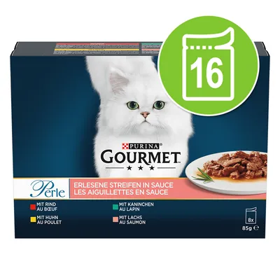 Purina Gourmet Perle, 8×85g kapsičky pro kočky, příchutě: hovězí, kuřecí, králičí, losos. Na obalu bílá kočka a talíř s masem. Zelený symbol s číslem 16.