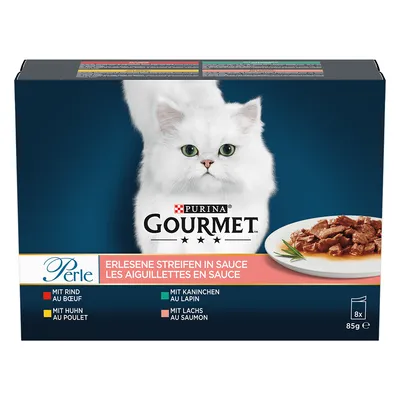 Purina Gourmet Perle, fâșii fine în sos. Sortimente: vită, pui, iepure, somon. Mărime pachet: 8x85g. Purina Gourmet Perle, fâșii fine în sos. Sortimente: vită, pui, iepure, somon. Mărime pachet: 8x85g.