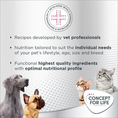 Tekst na engleskom: Recipes developed by vet professionals, Nutrition tailored to suit the individual needs of your pet’s lifestyle, Functional highest quality ingredients. Concept for Life.