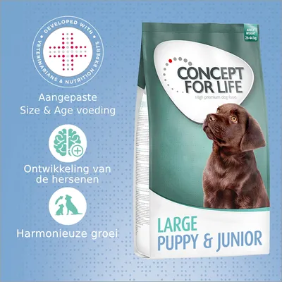 CONCEPT FOR LIFE Large Puppy & Junior hondenvoer, aangepast Size & Age voeding, ontwikkeling van de hersenen, harmonieuze groei. Voor volwassen gewicht 26–44 kg. High premium dog food.
