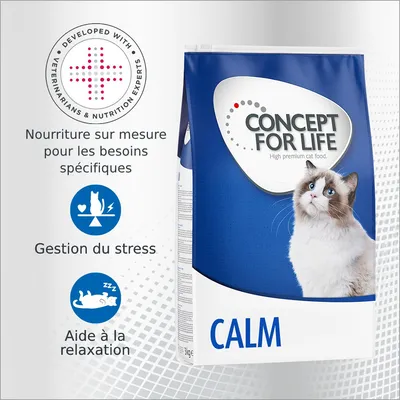 Concept for Life Calm, croquettes pour chat, 3 kg. Texte visible : Nourriture sur mesure pour les besoins spécifiques, gestion du stress, aide à la relaxation, développé avec des experts.