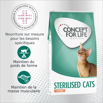 Concept for Life Sterilised Cats Salmon, nourriture pour chats stérilisés. Texte : maintien du poids de forme, maintien de la masse musculaire, développé avec des experts vétérinaires.