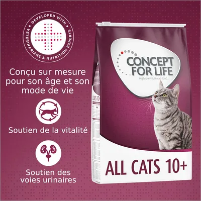 Concept for Life All Cats 10+ croquettes, conçu sur mesure pour l’âge et le mode de vie, soutien de la vitalité et des voies urinaires. Texte en anglais et français visible.