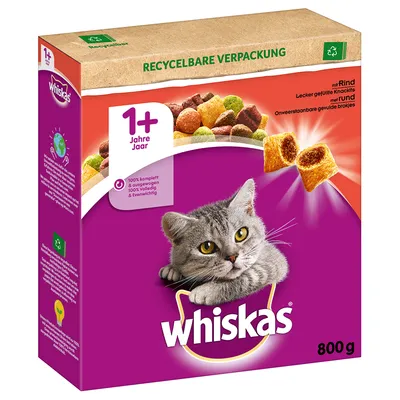 Confezione Whiskas 800 g, crocchette per gatti adulti 1+ anni, con manzo. Testo visibile: 'recycelbare verpackung', '1+ jahre jaar', '100% komplett & ausgewogen'. Confezione Whiskas 800 g, crocchette per gatti adulti 1+ anni, con manzo. Testo visibile: 'recycelbare verpackung', '1+ jahre jaar', '100% komplett & ausgewogen'.