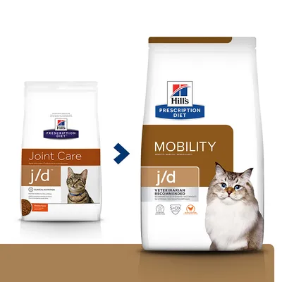 Hill's Prescription Diet j/d kissanruoan pakkausmuutos: vanha nimi Joint Care, uusi nimi Mobility. Molemmissa pakkauksissa ruskea etiketti ja kissan kuva.