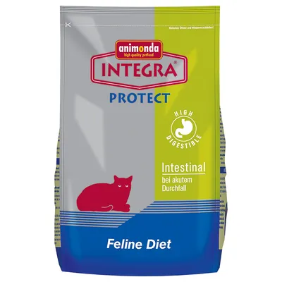 Animonda Integra Protect Feline Diet Intestinal, high digestible, indicato per diarrea acuta. Testo in tedesco: 'bei akutem Durchfall'. Immagine di gatto rosso stilizzato.