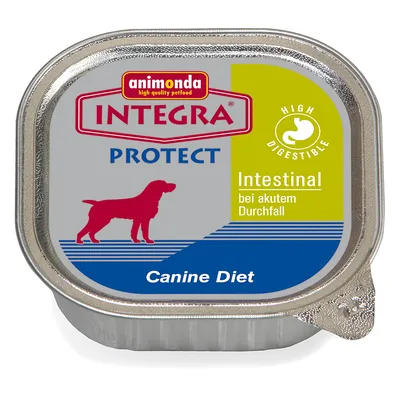 Barquette Animonda Integra Protect Canine Diet Intestinal, texte visible : High Digestible, bei akutem Durchfall. Illustration chien rouge sur fond gris et bleu. Barquette Animonda Integra Protect Canine Diet Intestinal, texte visible : High Digestible, bei akutem Durchfall. Illustration chien rouge sur fond gris et bleu.