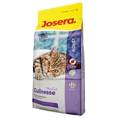 Josera Adult Culinesse kattefoder, synlig tekst: Mit Lachs, pH 6,0–6,5, Hair & Peel, pose med billede af kat. Tekst på tysk og engelsk.