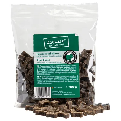 Chewies Training Maxi Pansenknöchelchen, Leckerbissen mit Pansen, 200g. Made in Germany. Zutaten: Fleisch und Nebenerzeugnisse, Getreide, pflanzliche Nebenerzeugnisse.