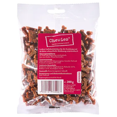 Chewies Lachsknoechelchen, friandises pour chiens, 200 g. Analyse : protéines 23 %, matières grasses 6 %, cendres brutes 4 %, humidité 25 %. Sans sucre ajouté. Texte en allemand.