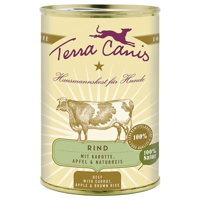 Terra Canis Rind hondenvoer, met wortel, appel en natuurreis. 100% Natur, 100% Lebensmittelqualität. Tekst in Duits en Engels zichtbaar op het blik.