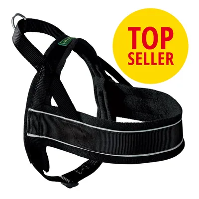 Schwarzes Hundegeschirr mit reflektierenden Streifen und gelbem Kreis mit rotem Text 'Top Seller'.