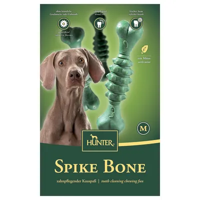 Emballage Hunter Spike Bone taille M, os vert avec menthe pour chien, sans colorants ni arômes artificiels, soin dentaire, haleine fraîche. Texte en allemand et anglais visible.