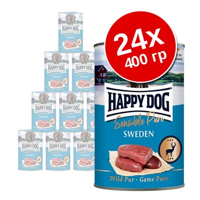 Набор из 24 банок по 400 г Happy Dog Sensible Pure Sweden Wild Pur Game Pure. На упаковке изображено мясо и олень, видны надписи на английском языке.
