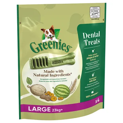 Greenies Dental Treats koirille yli 23 kg, valmistettu luonnollisista ainesosista. Auttaa vähentämään plakkia ja hammaskiveä. Pakkaus sisältää 4 kappaletta.