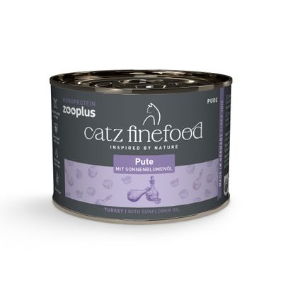Boîte de nourriture pour chat Catz Finefood, saveur dinde. Texte visible : Pute, Turkey, Dinde, Tacchino, Pavo, Peru. Icône verte avec 24 indiquant un lot de 24 boîtes.