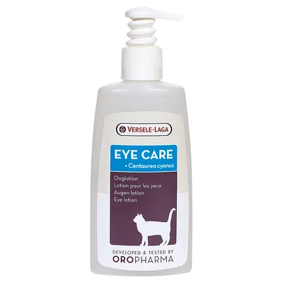 Versele-Laga Eye Care + Centaurea cyanus, Augenlotion, entwickelt und getestet von Oropharma. Abbildung einer Flasche mit Pumpspender und Katzen-Silhouette. Versele-Laga Eye Care + Centaurea cyanus, Augenlotion, entwickelt und getestet von Oropharma. Abbildung einer Flasche mit Pumpspender und Katzen-Silhouette.