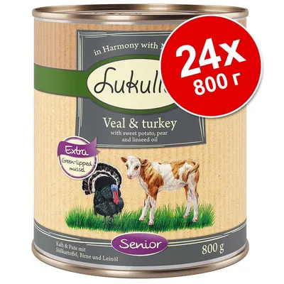 Консерва Lukullus Veal & turkey, 800 г, Senior. Пакет 24 броя. Видими текстове: Extra Green-lipped mussel, in Harmony with Nature, with sweet potato, pear and linseed oil. Консерва Lukullus Veal & turkey, 800 г, Senior. Пакет 24 броя. Видими текстове: Extra Green-lipped mussel, in Harmony with Nature, with sweet potato, pear and linseed oil.