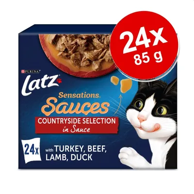 Latz Sensations Sauces Countryside Selection in Sauce kissanruoka, 24 x 85 g. Kalkkuna, naudanliha, lammas, ankka. PURINA.