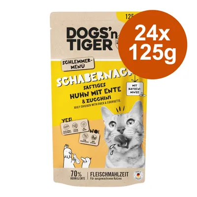 DOGS’n TIGER Schabernack, menu poulet, canard et courgette pour chats adultes, 24 x 125 g, 70 % poulet & canard, avec menthe à chat, texte en allemand sur l’emballage.
