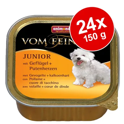 animonda Vom Feinsten Junior mit Geflügel + Putenherzen, 24×150 g, obrázek malého bílého psa na obalu