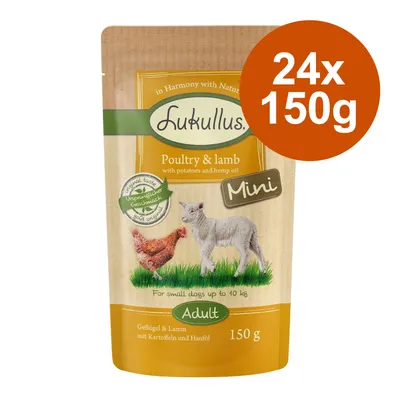 Lukullus Mini Adult Geflügel & Lamm mit Kartoffeln und Hanföl, 24x150g. Für kleine Hunde bis 10kg. Originaler Geschmack, ohne künstliche Zusätze.