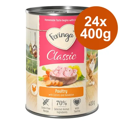 Feringa Classic Poultry con zanahorias y diente de león, 24x400g, sin cereales, 70% ingredientes animales seleccionados, con taurina.