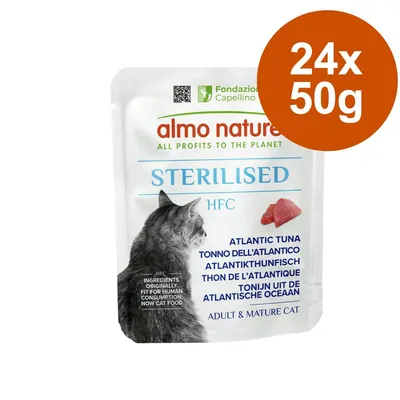 Almo Nature Sterilised HFC Atlantic Tuna, 24x50g. Ingredients originally fit for human consumption, now cat food. For adult and senior cats.