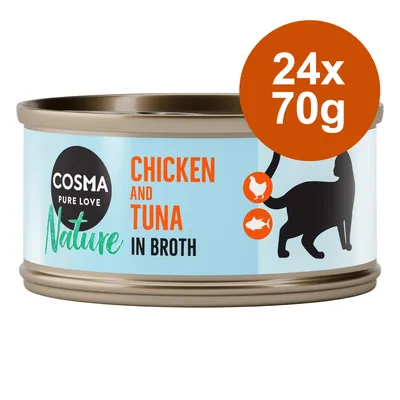 Cosma Pure Love Nature, Chicken and Tuna in Broth, 24x70g. Abbildung einer Dose mit Katzen-Silhouette und Symbolen für Huhn und Fisch.