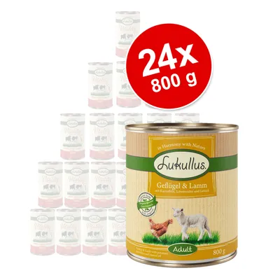 Lukullus Adult blikvoeding, smaak Geflügel & Lamm, 24 blikken van 800 g. Groot rood label met tekst: 24x 800 g.