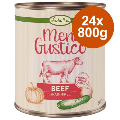 Lukullus Menu Gustico, 24x800g, Rind, getreidefrei, Zutaten in Lebensmittelqualität. Abgebildet: Kürbis, Zucchini, Apfel.