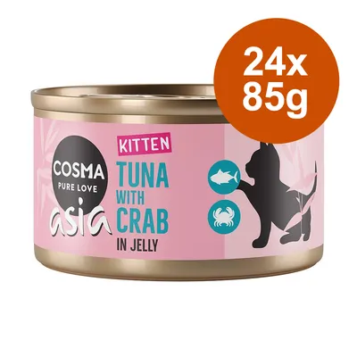 Cosma Asia Kitten Nassfutter, Thunfisch mit Krabbe in Gelee, 24x85g. Rosa Verpackung mit Katzen-Silhouette und Symbolen für Fisch und Krabbe.