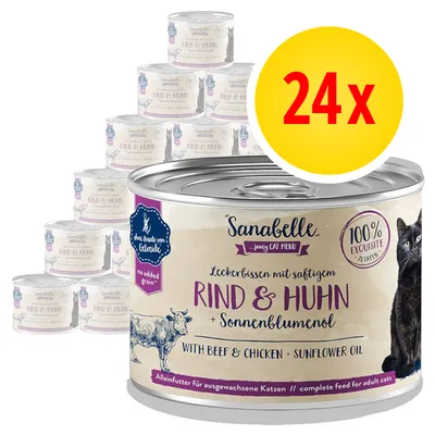 24 lattine di Sanabelle juicy cat menu Rind & Huhn + Sonnenblumenöl, alimento completo per gatti adulti, senza cereali aggiunti, con manzo, pollo e olio di girasole. Testo in tedesco/inglese.