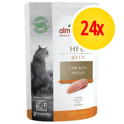 Confezione Almo Nature HFC Jelly Chicken Pollo per gatto adulto, 24x. Testo visibile: 'PROFITS 100% TO NATURE', 'fondazione Capellino', immagine di un gatto e petto di pollo.