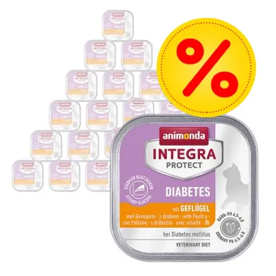 Multipack Animonda Integra Protect Diabetes med Geflügel, synlig text: 'bei Diabetes mellitus', gul rabattcirkel med procenttecken