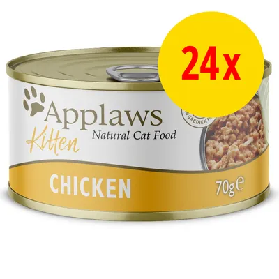 Boîte Applaws Kitten Natural Cat Food, poulet, 70 g. Lot de 24x indiqué en jaune. Texte visible : CHICKEN, ingrédients naturels partiellement visibles.